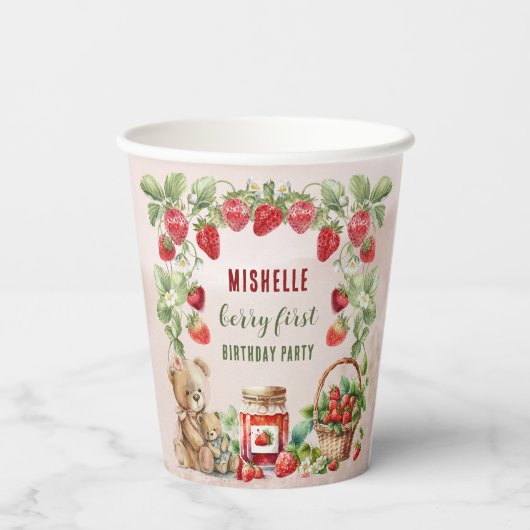Berry Eerste Aardbei en Beer Verjaardag Papieren Bekers (Achterkant)