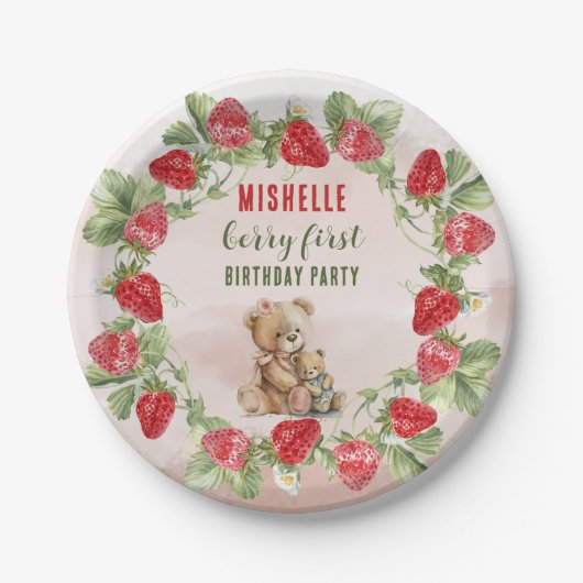 Berry Eerste Aardbei en Beer Verjaardag Papieren Bordje (Voorkant)