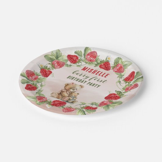 Berry Eerste Aardbei en Beer Verjaardag Papieren Bordje (Gekanteld)