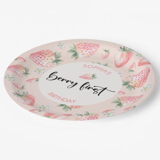 Berry eerste aardbei kinderen verjaardag papieren bordje (Gekanteld)