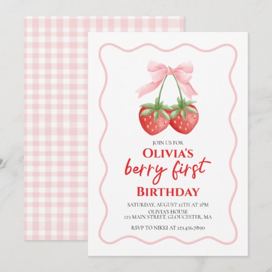 Berry Eerste Aardbei Roze Bow 1e verjaardag Kaart (Voorkant / Achterkant)