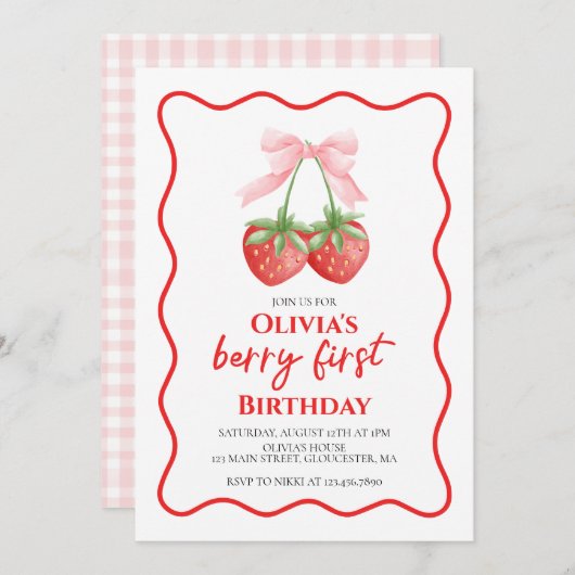 Berry Eerste Aardbei Roze Bow 1e verjaardag Kaart (Voorkant / Achterkant)