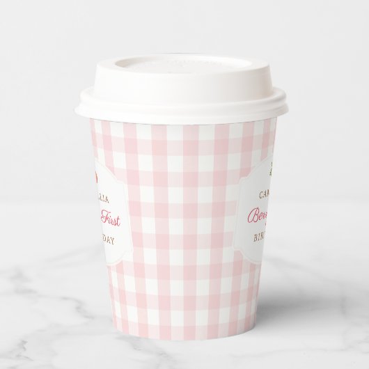 Berry Eerste Aardbei Roze Gingham Verjaardagsfeest Papieren Bekers (Links)