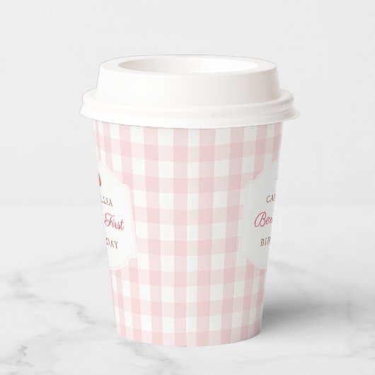 Berry Eerste Aardbei Roze Gingham Verjaardagsfeest Papieren Bekers (Rechts)