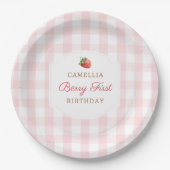 Berry Eerste Aardbei Roze Gingham Verjaardagsfeest Papieren Bordje (Voorkant)