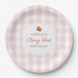 Berry Eerste Aardbei Roze Gingham Verjaardagsfeest Papieren Bordje