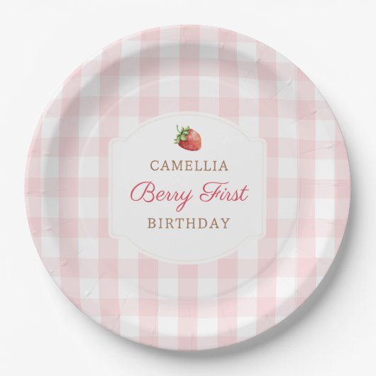Berry Eerste Aardbei Roze Gingham Verjaardagsfeest Papieren Bordje (Voorkant)