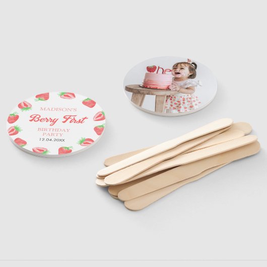 Berry Eerste Aardbei Roze Verjaardag Party Foto Handwaaier (Niet-gemonteerd)