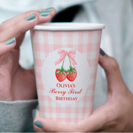 Berry Eerste Aardbei verjaardag Pink Bow Gingham Papieren Bekers