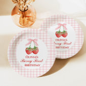 Berry eerste aardbei verjaardag Pink Bow Gingham Papieren Bordje
