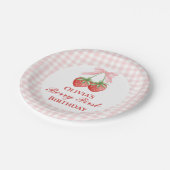 Berry eerste aardbei verjaardag Pink Bow Gingham Papieren Bordje (Gekanteld)