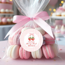 Berry eerste aardbei verjaardag Pink Bow Gingham Ronde Sticker
