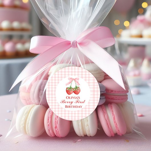 Berry eerste aardbei verjaardag Pink Bow Gingham Ronde Sticker