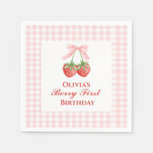 Berry eerste aardbei verjaardag Pink Bow Gingham Servet (Voorkant)