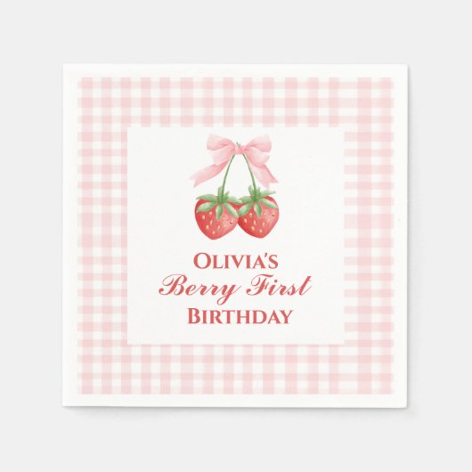 Berry eerste aardbei verjaardag Pink Bow Gingham Servet (Voorkant)