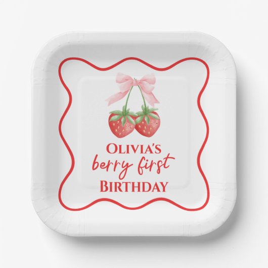 Berry eerste aardbei verjaardag Pink Bow Papieren Bordje (Voorkant)