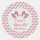 Berry eerste aardbei verjaardag Pink Bow Ronde Sticker (Voorkant)