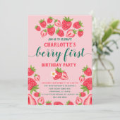 Berry eerste aardbeien 1e verjaardag feestmeisje kaart (Staand voorkant)