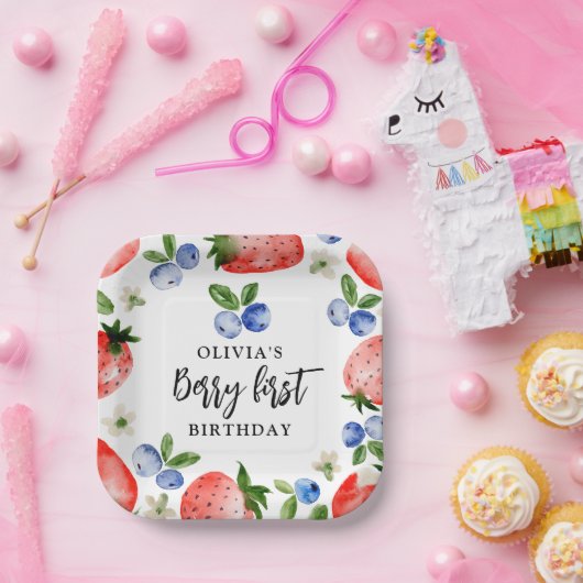 Berry eerste aardbeien en bosbessen verjaardag papieren bordje (Feest)