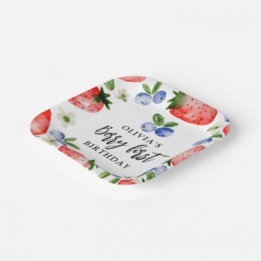 Berry eerste aardbeien en bosbessen verjaardag papieren bordje (Gebogen)