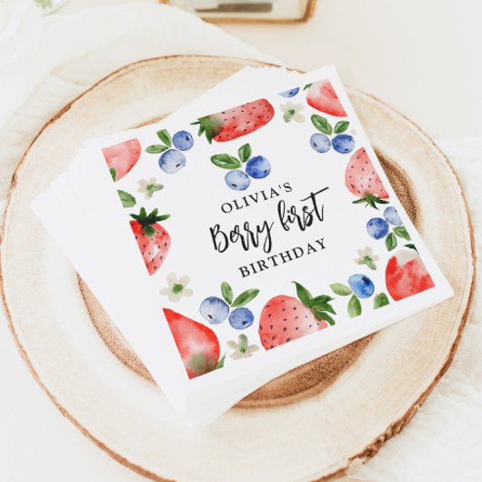 Berry eerste aardbeien en bosbessen verjaardag servet