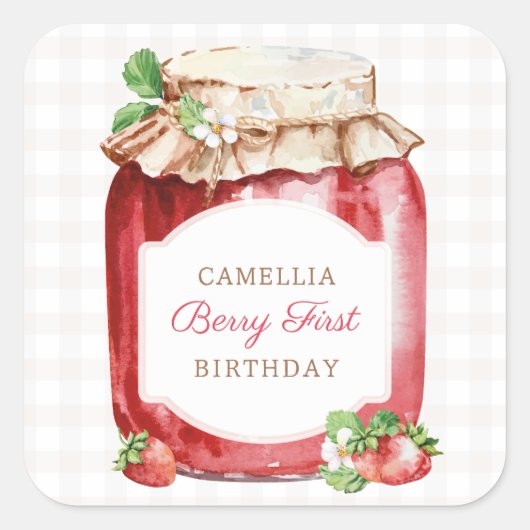 Berry Eerste Aardbeien Jam 1e Verjaardagsfeest Vierkante Sticker (Voorkant)