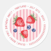 Berry Eerste Aardbeien Meisje 1e Verjaardagsfeest Ronde Sticker (Voorkant)
