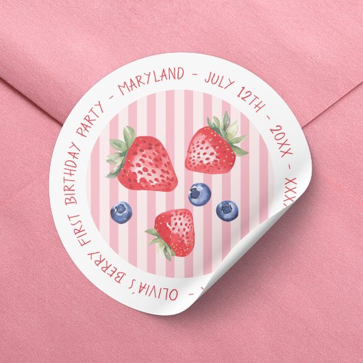 Berry Eerste Aardbeien Meisje 1e Verjaardagsfeest Ronde Sticker