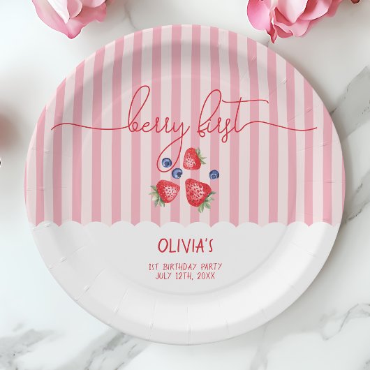 Berry eerste aardbeien rood meisje 1e verjaardagsf papieren bordje