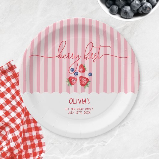 Berry eerste aardbeien rood meisje 1e verjaardagsf papieren bordje