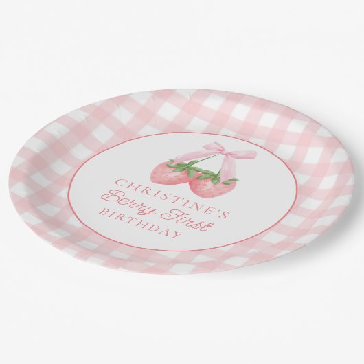 Berry eerste aardbeien roze boog 1e verjaardag papieren bordje (Gekanteld)