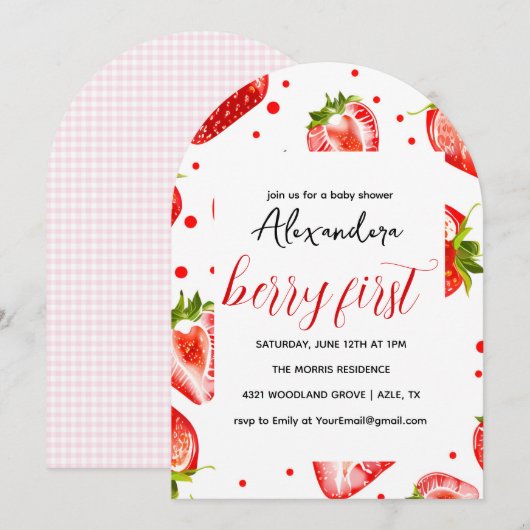 Berry eerste aardbeien verjaardag uitnodiging, roo kaart (Voorkant / Achterkant)