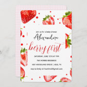 Berry eerste aardbeien verjaardag uitnodiging, roo kaart (Voorkant / Achterkant)