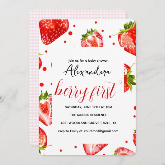 Berry eerste aardbeien verjaardag uitnodiging, roo kaart (Voorkant / Achterkant)