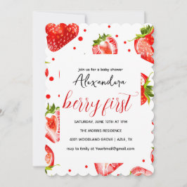 Berry eerste aardbeien verjaardag uitnodiging, roo kaart