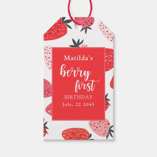 Berry eerste aardbeien verjaardagsfeestje rood roz cadeaulabel (Voorkant)
