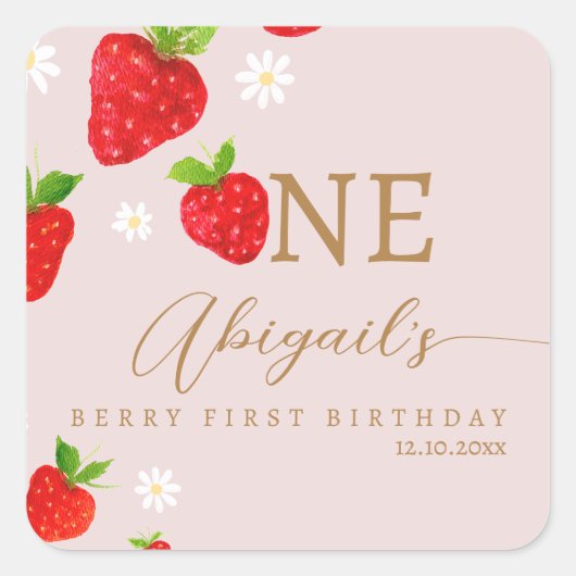 Berry eerste aardbeienverjaardag vierkante sticker (Voorkant)