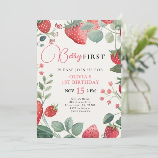 Berry Eerste Bloemen 1e Verjaardag Uitnodiging (Staand voorkant)