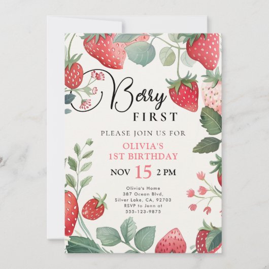 Berry Eerste Bloemen 1e Verjaardag Uitnodiging (Voorkant)