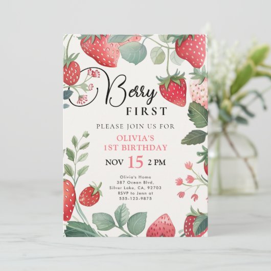 Berry Eerste Bloemen 1e Verjaardag Uitnodiging (Staand voorkant)