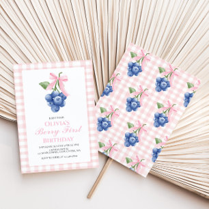 Berry Eerste Blueberry Roze Bow Coquette verjaarda Kaart
