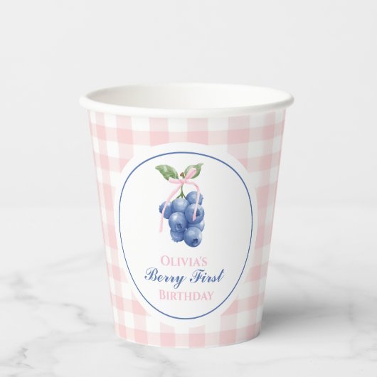 Berry Eerste bosbes verjaardag Pink Bow Gingham Papieren Bekers (Voorkant)