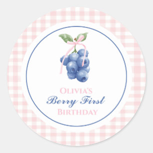 Berry Eerste bosbes verjaardag Pink Bow Gingham Ronde Sticker