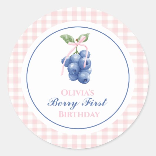 Berry Eerste bosbes verjaardag Pink Bow Gingham Ronde Sticker (Voorkant)