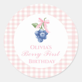 Berry eerste bosbes verjaardag Pink Bow Gingham Ronde Sticker