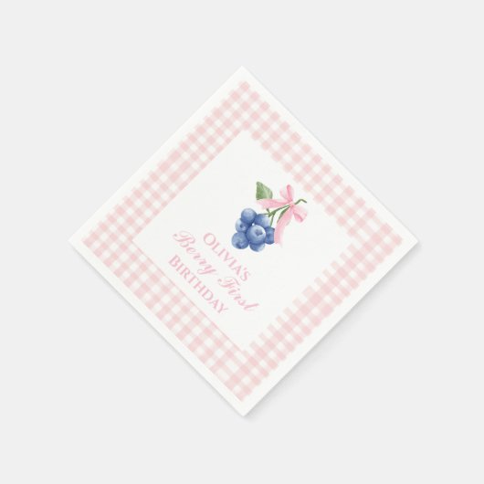 Berry Eerste bosbes verjaardag Pink Bow Gingham Servet (Hoek)