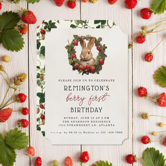 Berry eerste  Bunny Strawberry 1e verjaardag Kaart