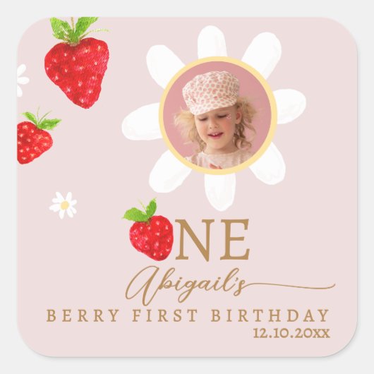 Berry eerste eerste aardbeienverjaardagsfoto vierkante sticker (Voorkant)