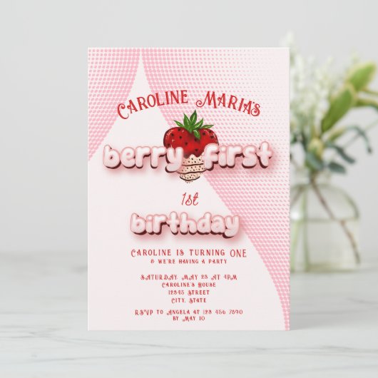 Berry eerste rode en roze aardbeien verjaardagsfee kaart (Staand voorkant)