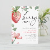 Berry Eerste Roze Bloemen 1e Verjaardag Uitnodigin Kaart (Staand voorkant)